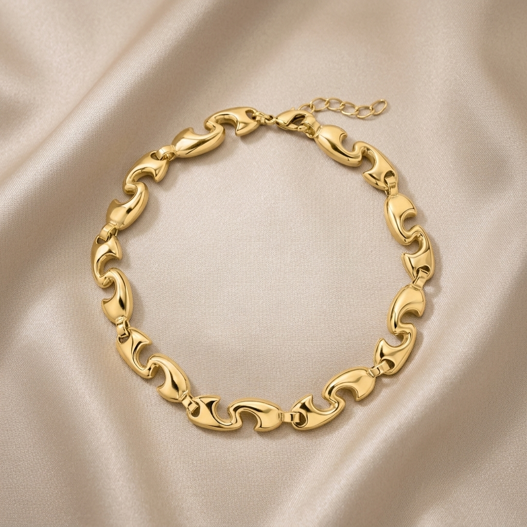 18ct gold plated chunky puffy wave link bracelet with lobster clasp