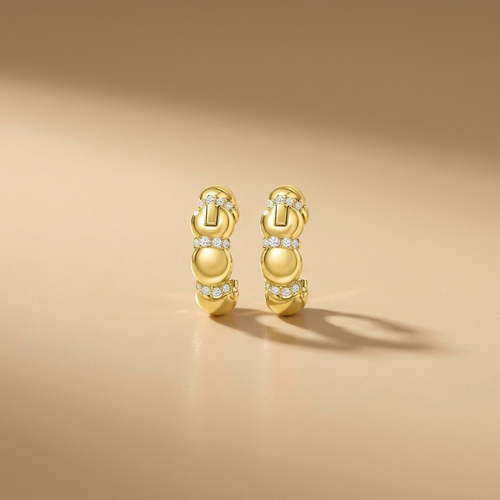 18ct gold plated beaded huggie hoop earrings with cubic zirconia pavé bands