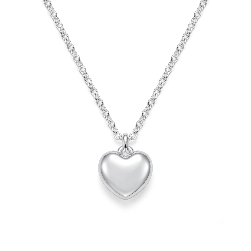 Sterling silver puffy heart pendant necklace on chunky belcher chain